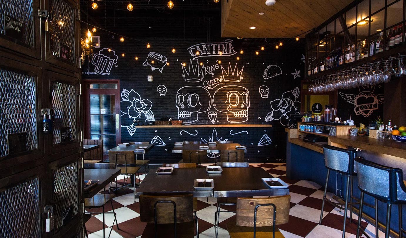 Interior, seating area, King and Queen Cantina mural